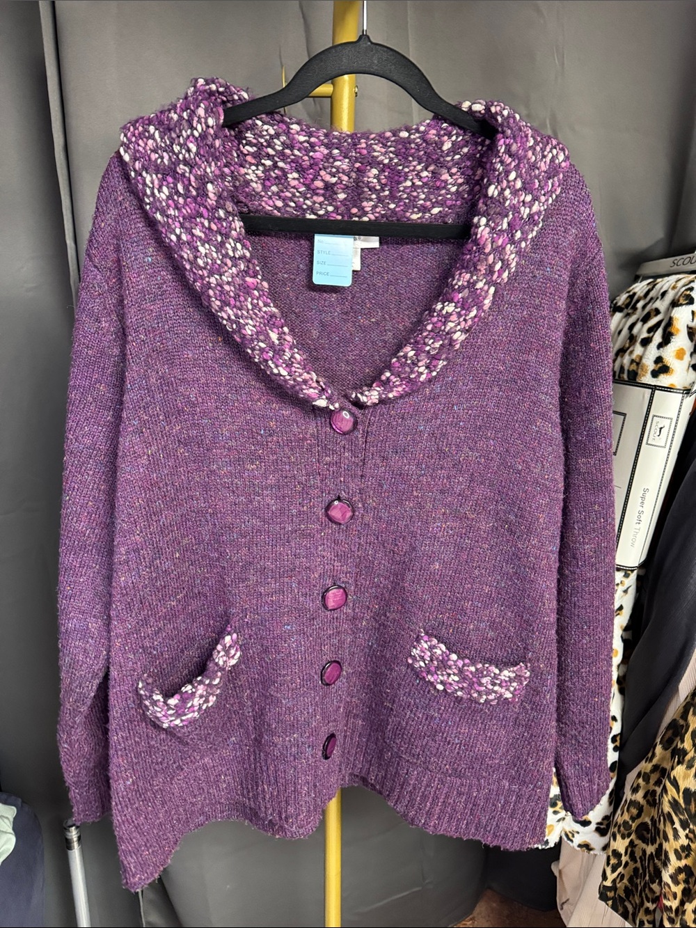 CJ Banks Purple Button-Front Knit Cardigan with Textured Collar